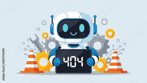 Cute robot holding a 404 error sign with gears and construction cones, representing a website or system issue