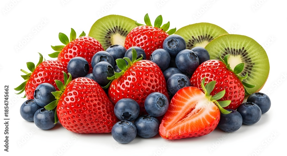 Obraz premium Fresh mixed berries and sliced kiwi fruit isolated on white background