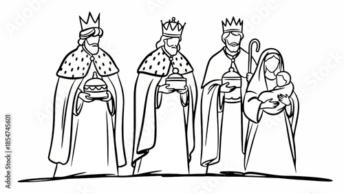 Classic Hand-Drawn Nativity Scene Illustrating Three Wise Men, Mary, and Infant Jesus in a Traditional Biblical Setting