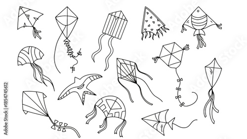 A diverse collection of hand-drawn line art kites in various shapes and styles, perfect for whimsical spring and summer designs and craft projects