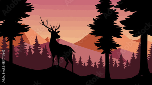 Majestic stag silhouette standing gracefully in a serene pine forest, illuminated by the vibrant hues of a breathtaking mountain sunset