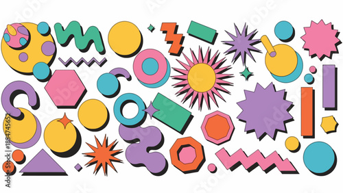 Dynamic Retro Geometric Shapes Vector Set - Colorful Abstract Design Elements for Modern Creative Projects and Vibrant Backgrounds with a Playful Aesthetic