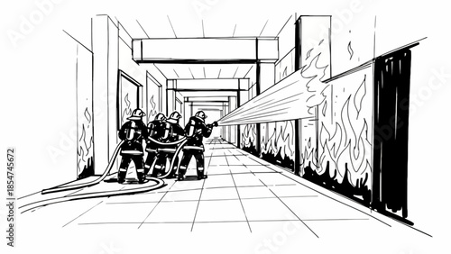 Firefighters bravely battle a blazing inferno in a building hallway, actively suppressing flames and ensuring public safety during a critical emergency response