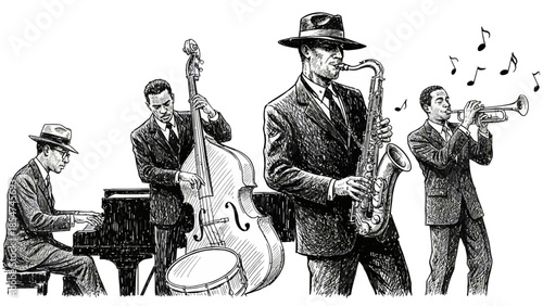 Dynamic illustration of a classic jazz quartet performing soulful melodies, featuring musicians playing piano, saxophone, double bass, and trumpet in a vintage style