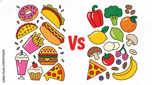 Visualizing Dietary Choices Contrasting Healthy Fruits and Vegetables with Unhealthy Fast Food and Sweet Treats for a Balanced Lifestyle