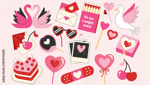 Delightful Whimsical Valentine's Day Assortment of Love Symbols, Romantic Icons, and Sweet Heartfelt Illustrations