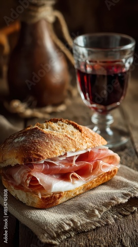 Traditional italian panino with prosciutto, cheese, and red wine