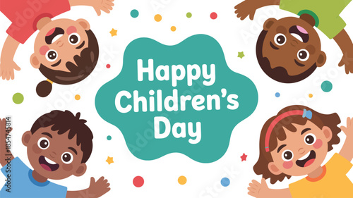 Happy children from various ethnicities peek in around a bright Happy Childrens Day message
