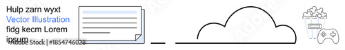 Cloud storage, file sharing, digital media, online entertainment, data synchronization, multimedia access. File document, cloud symbol popcorn and gaming controller icons. Cloud storage and file