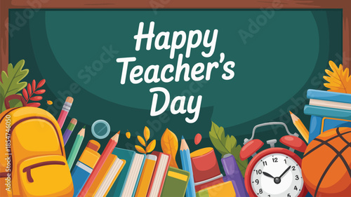 Happy Teachers Day written on a green chalkboard surrounded by various school supplies and autumn leaves