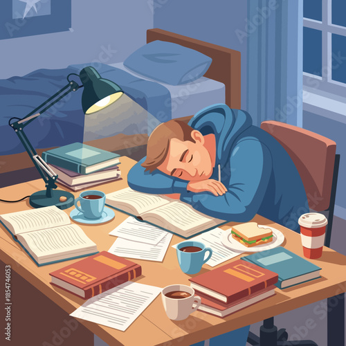 Exhausted student asleep studying late at night with books and coffee