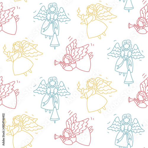 Seamless pattern with colorful flat contour Christmas angels. Festive holiday design with wings, bells, and stars for wrapping paper, religious greeting cards, or winter celebration backgrounds