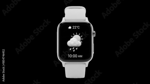 White smartwatch displaying weather and time on black background