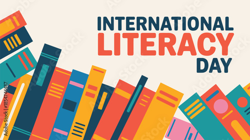 International Literacy Day banner with many colorful books stacked and scattered