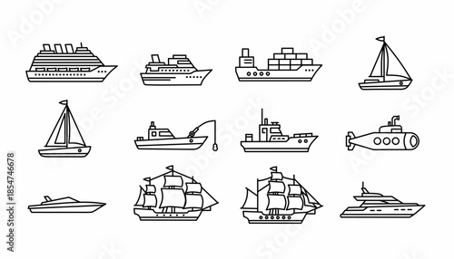 Ship and marine transportation icon set, including cruise liner, cargo container ship, sailboat, yacht, fishing boat, submarine, and vintage sailing vessel