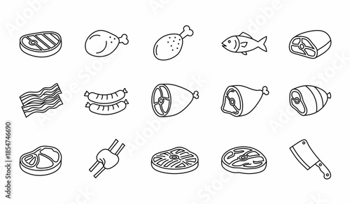 Meat and butcher icon set, including beef steak, chicken leg, whole fish, pork ham, bacon strips, sausages, grilled meat, and cleaver knife