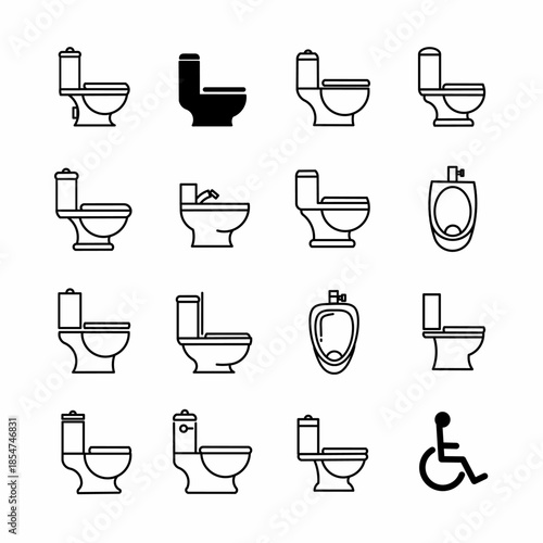 Toilet and bathroom icon set including flushing toilet bowl, public urinal, bidet, disabled wheelchair access, sanitary ware, restroom facilities, and plumbing equipment