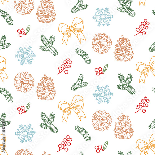 Seamless pattern with flat contoured pine cones, snowflakes, red berries and bows. Festive winter forest design with fir branches and bows for festive wrapping paper, textile prints or backgrounds
