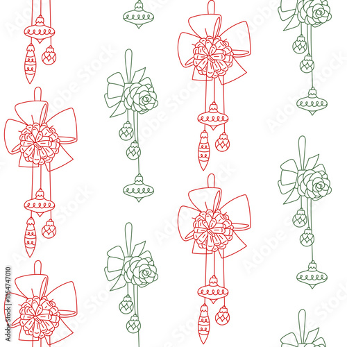 Seamless pattern with flat outline Christmas decorations, sideways pine cones, Christmas tree ornaments, festive bows. Colorful holiday design for decorative wrapping paper, seasonal textile prints