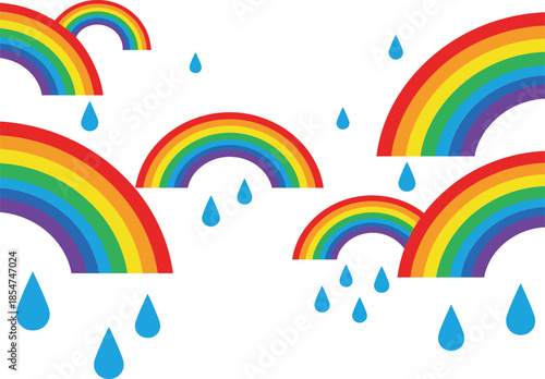 Colorful rainbow arcs with falling blue raindrops on a clean white background spectrum colors