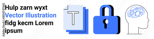 Data security, intellectual property, mental health, education, privacy protection, creative thinking. Lock, brain and text document icons. Data security and intellectual property concepts