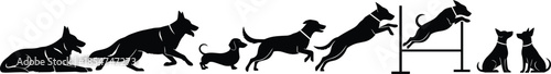 Dog, training, silhouettes, evolution, obedience, agility, jumping, commands, animal, behavior, progression, pets, canine, education, sport, black, icons, illustration, sequence, concept