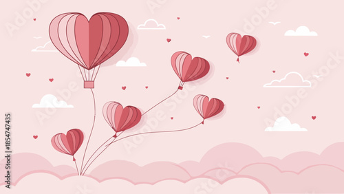 Whimsical heart shaped hot air balloons floating gently in pink sky