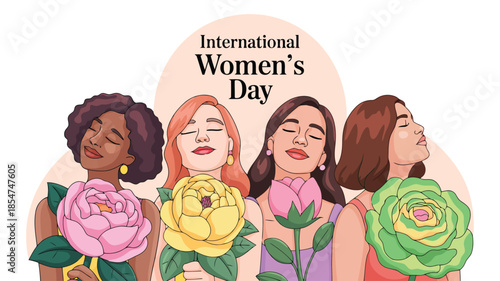 International Womens Day banner showing diverse women gently holding large colorful flowers