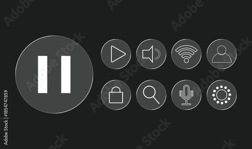 Liquid glass design elements. Set of Vector Transparent Glass Icons UI UX. Media Player Control Interface Icons Play Pause Volume Settings