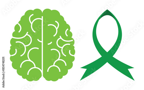 Mental Health Awareness Vector Concept with Green Brain and Support Ribbon Illustration