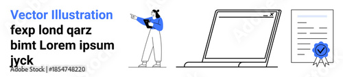 Female character pointing, laptop with open screen and certificate featuring blue badge. Ideal for education, e-learning, remote work, webinars, approvals, training programs, simple landing page