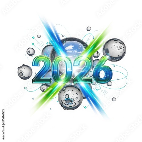 Happy new year 2026 celebration with globe and bubbles