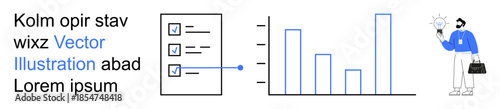 Data visualization, business planning, analytics, productivity, innovation, strategy presentation. A checklist leads to a bar chart with a professional holding a lightbulb. Data visualization