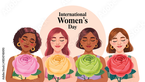 International Womens Day illustration featuring diverse women happily holding beautiful colored roses