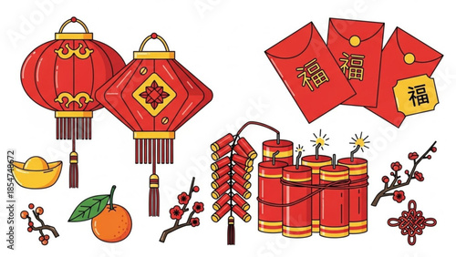 Chinese new year celebration elements including red lanterns, firecrackers, lucky money, oranges, and traditional decorations on white background