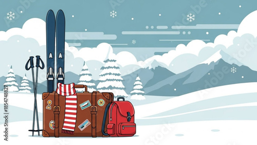 Winter travel luggage with skis and red backpack in snowy mountain landscape with pine trees and clouds