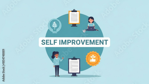 Self improvement concept with people around a clipboard and checklist on a blue background with icons representing growth and success