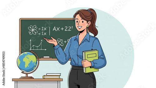 A smiling female teacher standing in front of a chalkboard with math equations and holding books in a classroom setting with a globe on a desk