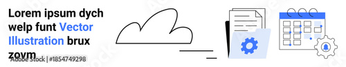 Cloud computing, small business tools, data organization, workflow automation, digital services, office productivity. Cloud, files gear icon and calendar visual. Cloud computing and small business