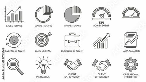 Collection of Business and Financial Icons Representing Growth and Strategy.