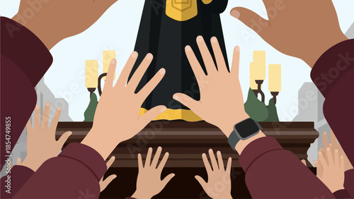 This flat design artwork focuses on the outstretched hands of a devotee during the Feast of the Black Nazarene, symbolizing intense faith and the desire for spiritual connection. 