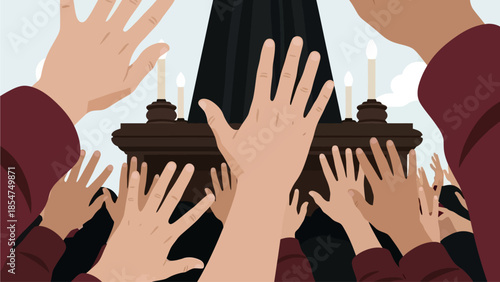 This flat design artwork focuses on the outstretched hands of a devotee during the Feast of the Black Nazarene, symbolizing intense faith and the desire for spiritual connection. 