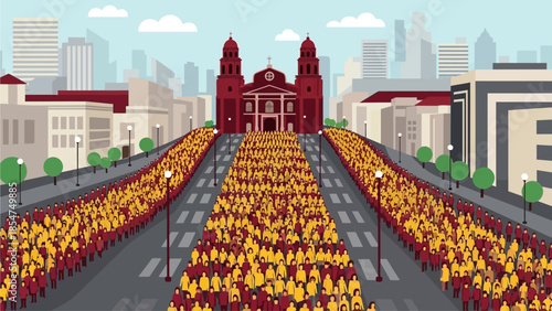 An impressive flat design aerial illustration of the Feast of the Black Nazarene captures the sheer scale of the procession in Manila. It depicts a sea of devotees, clad in maroon and yellow, flowing 