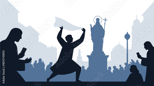 This flat design illustrates a devotee fervently waving a white towel, a symbolic gesture during the Feast of the Black Nazarene in Manila. 