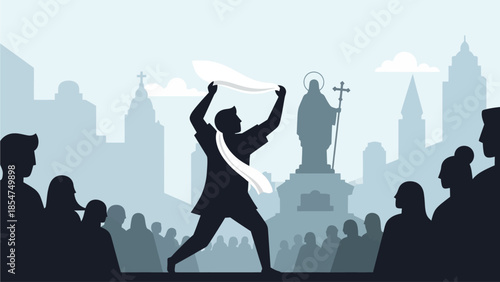 This flat design illustrates a devotee fervently waving a white towel, a symbolic gesture during the Feast of the Black Nazarene in Manila. 