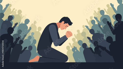 This flat design image portrays a solitary devotee in profound prayer amidst the vast crowd of the Feast of the Black Nazarene in Manila. 