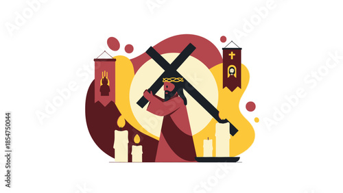 A flat design illustration capturing the profound symbolism of the Feast of the Black Nazarene, featuring the iconic dark-skinned Christ carrying the cross