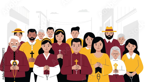 This flat design illustrates the diverse community of devotees, united in faith, participating in the Feast of the Black Nazarene procession in Manila. 