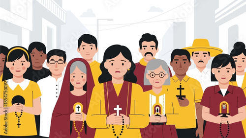 This flat design illustrates the diverse community of devotees, united in faith, participating in the Feast of the Black Nazarene procession in Manila. 