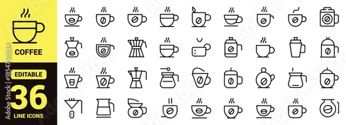 Coffee Shop and Barista Line Icon Set with Espresso Cups, Moka Pot, Coffee Beans, Grinder, French Press, and Cafe Beverage Vector Symbols